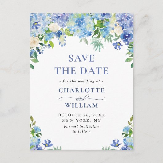 Elegant Blue Hydrangea Wedding Save the Date Briefkaart (Voorkant)