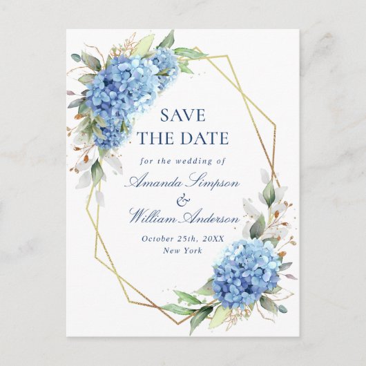 Elegant Blue Hydrangea Wedding Save the Date Briefkaart (Voorkant)