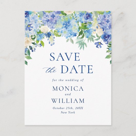 Elegant Blue Hydrangea Wedding Save the Date Briefkaart (Voorkant)