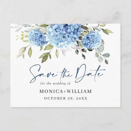 Elegant Blue Hydrangea Wedding Save the Date Briefkaart (Voorkant)