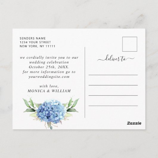 Elegant Blue Hydrangea Wedding Save the Date Briefkaart (Achterkant)