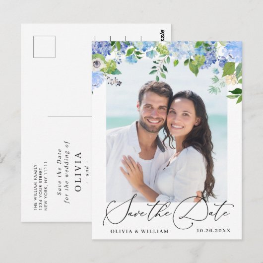 Elegant Blue Hydrangea Wedding Save the Date Briefkaart (Voorkant / Achterkant)