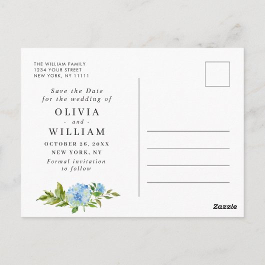 Elegant Blue Hydrangea Wedding Save the Date Briefkaart (Achterkant)