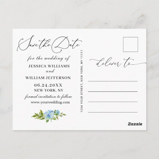Elegant Blue Hydrangea Wedding Save the Date Briefkaart (Achterkant)