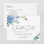 Elegant Blue Hydrangea Wedding Save the Date Briefkaart (Voorkant / Achterkant)