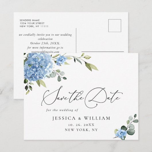 Elegant Blue Hydrangea Wedding Save the Date Briefkaart (Voorkant / Achterkant)