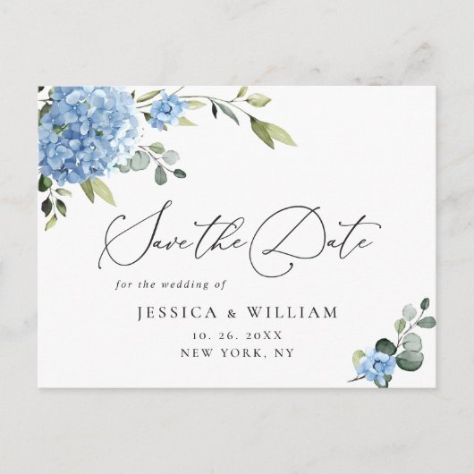Elegant Blue Hydrangea Wedding Save the Date Briefkaart (Voorkant)