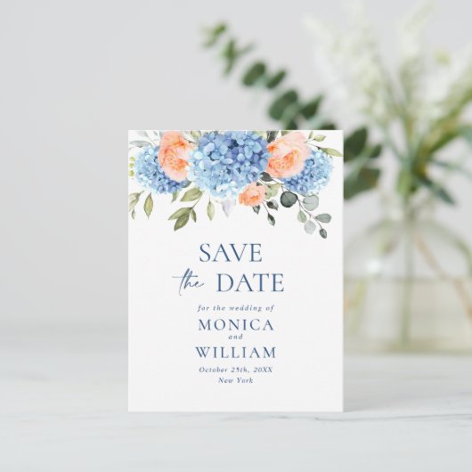 Elegant Blue Hydrangea Wedding Save the Date Briefkaart (Staand voorkant)