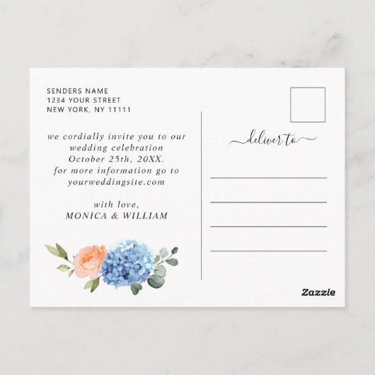 Elegant Blue Hydrangea Wedding Save the Date Briefkaart (Achterkant)