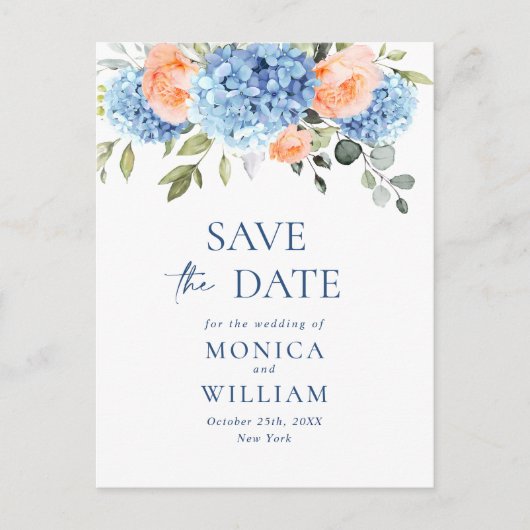 Elegant Blue Hydrangea Wedding Save the Date Briefkaart (Voorkant)