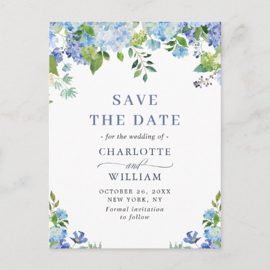 Elegant Blue Hydrangea Wedding Save the Date Briefkaart (Voorkant)