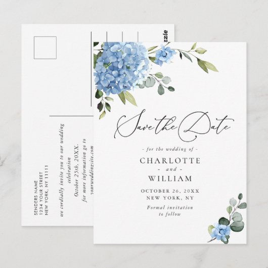 Elegant Blue Hydrangea Wedding Save the Date Briefkaart (Voorkant / Achterkant)