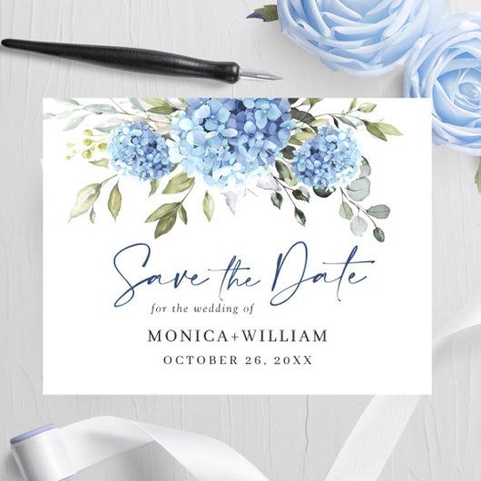 Elegant Blue Hydrangea Wedding Save the Date Briefkaart