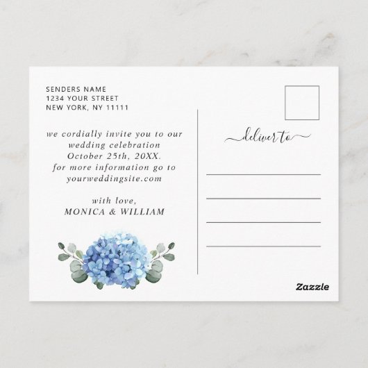 Elegant Blue Hydrangea Wedding Save the Date Briefkaart (Achterkant)