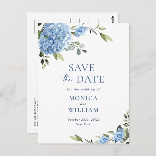 Elegant Blue Hydrangea Wedding Save the Date Briefkaart (Voorkant / Achterkant)