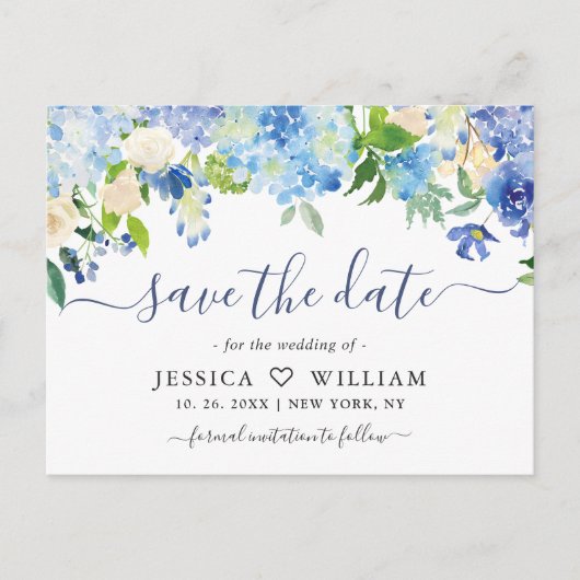 Elegant Blue Hydrangea Wedding Save the Date Briefkaart (Voorkant)