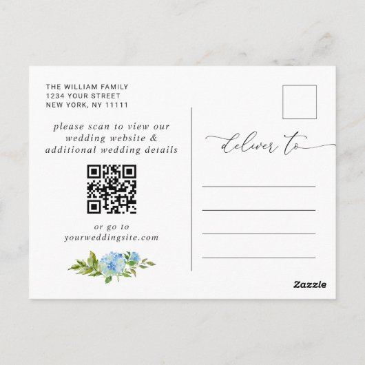 Elegant Blue Hydrangea Wedding Save the Date Briefkaart (Achterkant)