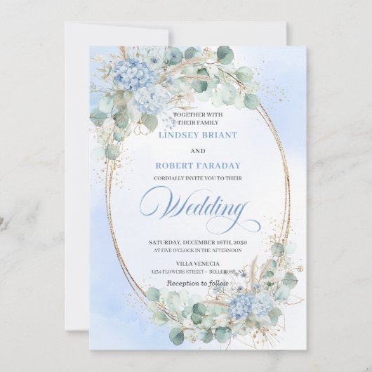 Elegant Blue Hydrangea Wheat Gold Oval Wedding   Kaart (Voorkant)