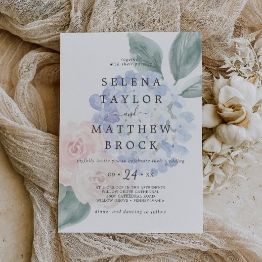 Elegant Blue Hydrangea White Faded Floral Wedding Kaart