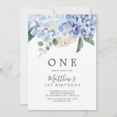 Elegant Blue Hydrangea White First Birthday Party Kaart (Voorkant)