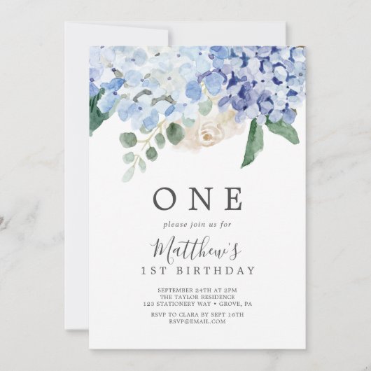 Elegant Blue Hydrangea White First Birthday Party Kaart (Voorkant)