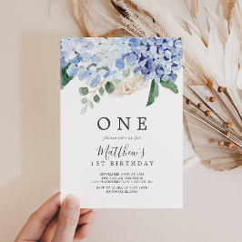 Elegant Blue Hydrangea White First Birthday Party Kaart