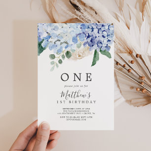 Elegant Blue Hydrangea White First Birthday Party Kaart