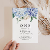 Elegant Blue Hydrangea White First Birthday Party Kaart
