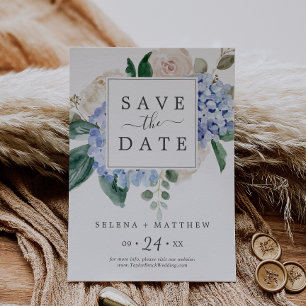 Elegant Blue Hydrangea White Save the Date Kaart