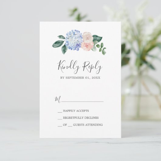 Elegant Blue Hydrangea | White Simple RSVP-kaart RSVP Kaartje (Staand voorkant)