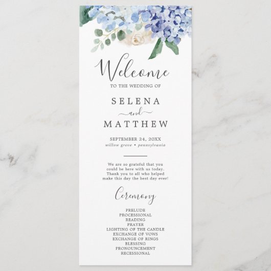 Elegant Blue Hydrangea | White Wedding Programme Programmakaart (Voorkant)