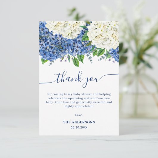 Elegant Blue Hydrangea Wildflower Baby shower Bedankkaart (Staand voorkant)