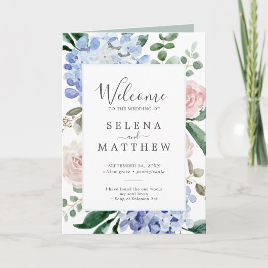 Elegant Blue Hydrangea | Wit gevouwen bruiloft Programma (Voorkant)