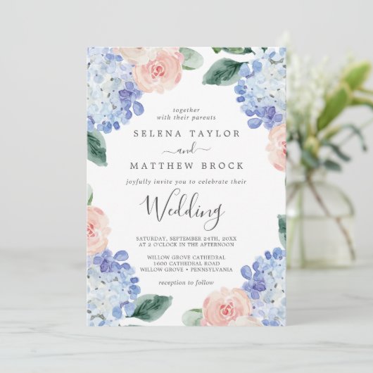 Elegant Blue Hydrangea | Wit huwelijk Kaart (Staand voorkant)