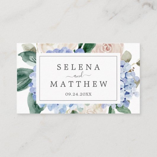 Elegant Blue Hydrangea | Wit platte bruiloft Plaatskaartje (Achterkant)