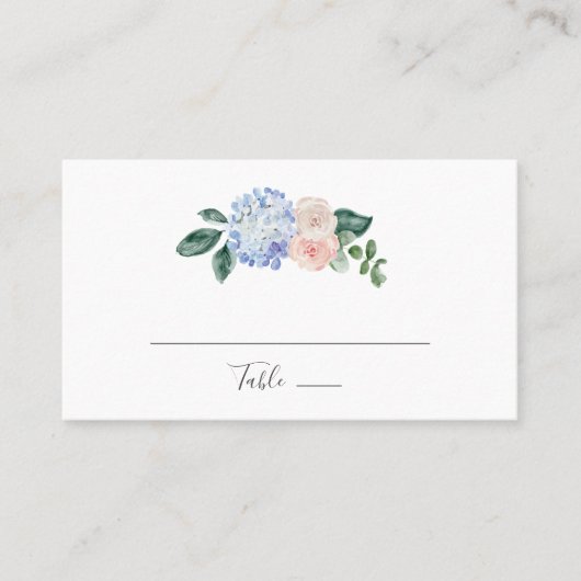 Elegant Blue Hydrangea | Wit platte bruiloft Plaatskaartje (Voorkant)