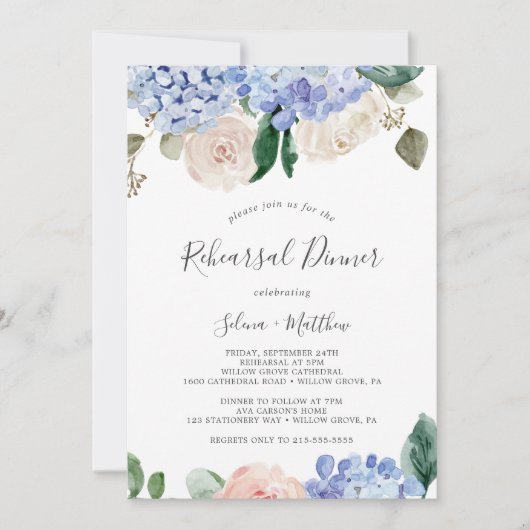 Elegant Blue Hydrangea | Wit repetitief diner Kaart (Voorkant)