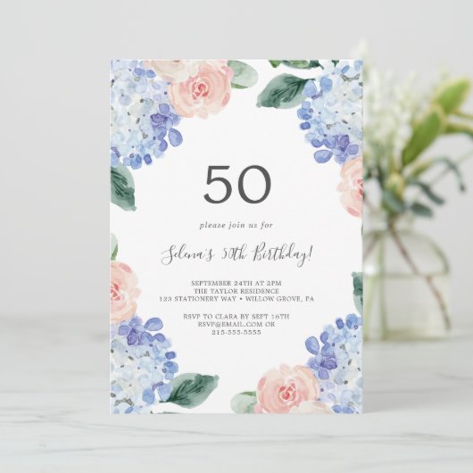 Elegant Blue Hydrangea | Witte 50e verjaardag Kaart (Staand voorkant)