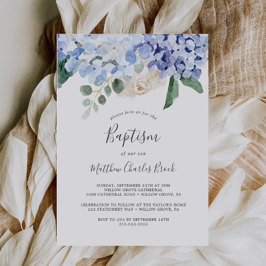 Elegant Blue Hydrangea | Witte baptisme Kaart