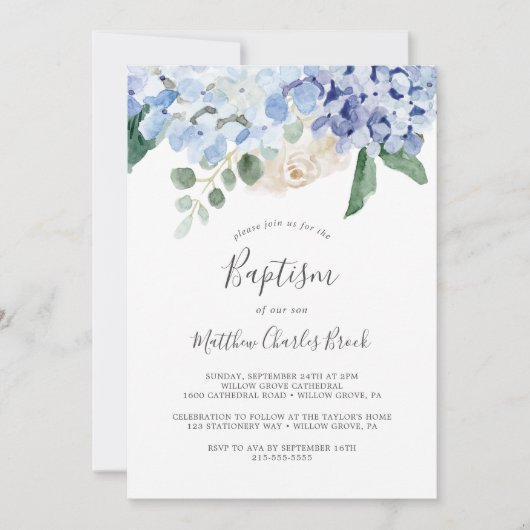 Elegant Blue Hydrangea | Witte baptisme Kaart (Voorkant)