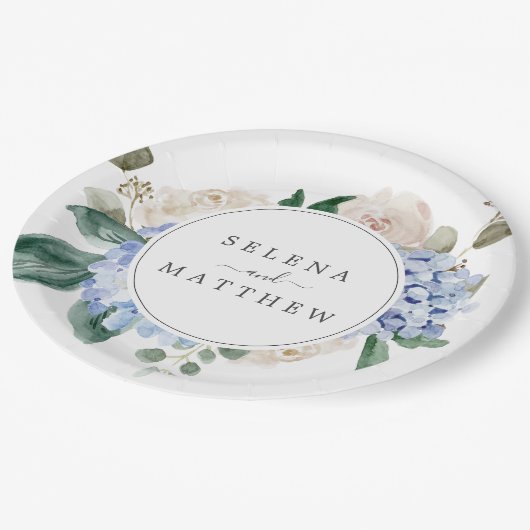 Elegant Blue Hydrangea | Witte bruiloft Papieren Bordje (Gekanteld)