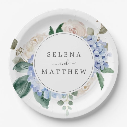 Elegant Blue Hydrangea | Witte bruiloft Papieren Bordje (Voorkant)
