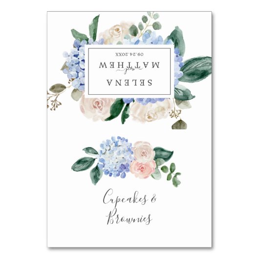 Elegant Blue Hydrangea | Witte buffet-voedseletike Kaart (Voorkant)