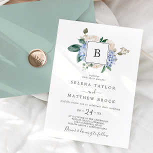 Elegant Blue Hydrangea   Witte monogram bruiloft Kaart