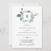 Elegant Blue Hydrangea | Witte monogram bruiloft Kaart (Voorkant)