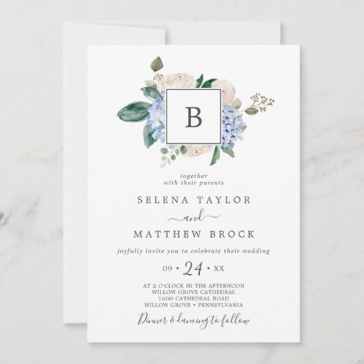 Elegant Blue Hydrangea | Witte monogram bruiloft Kaart (Voorkant)