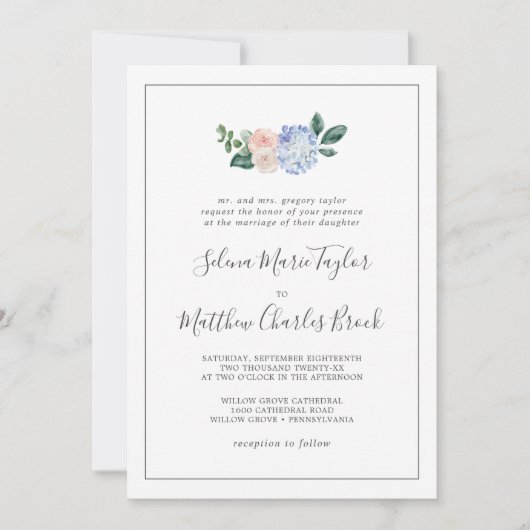 Elegant Blue Hydrangea | Witte traditionele bruilo Kaart (Voorkant)