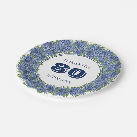 Elegant Blue Hydrangeas 80th Birthday Party Papieren Bordje (Gekanteld)