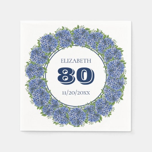 Elegant Blue Hydrangeas 80th Birthday Party Servet (Voorkant)