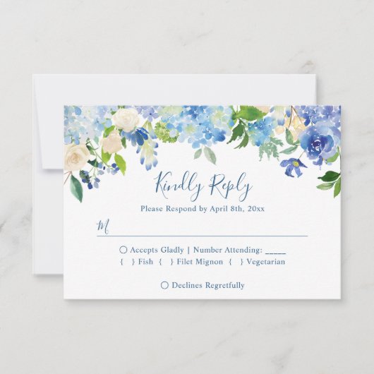 Elegant Blue Hydrangeas Floral Wedding RSVP Kaartje (Voorkant)